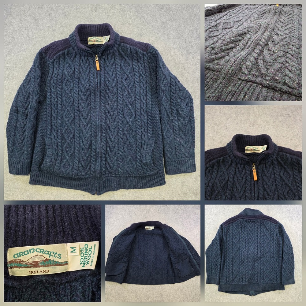 Aran Crafts Sweater Womens Medium Blue Merino Wool Knit Full Zip Mock Neck